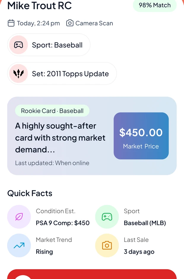 StarBrain card detail screen showing sport, set, market price and the Quick Facts panel