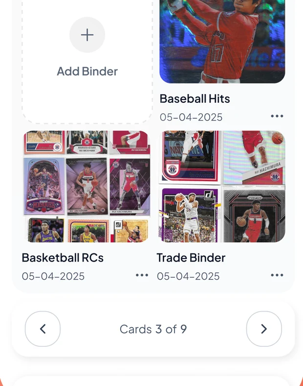 StarBrain portfolio screen showing binders for Baseball Hits, Basketball RCs and a Trade Binder