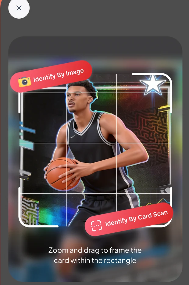 StarBrain scan screen framing a basketball card inside the capture rectangle